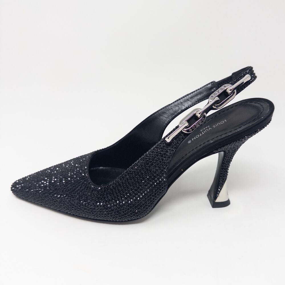 Louis Vuitton Sparkle Crystal Slingback Pumps Black Silver Chain Size 36 EU 6 US